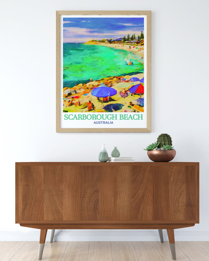 Enhance your home with the vibrant colors of Scarborough Beach Foreshore art this Australia Print is ideal for those who love the beach and want to bring a touch of Australian beauty into their space with elegant Scarborough Decor