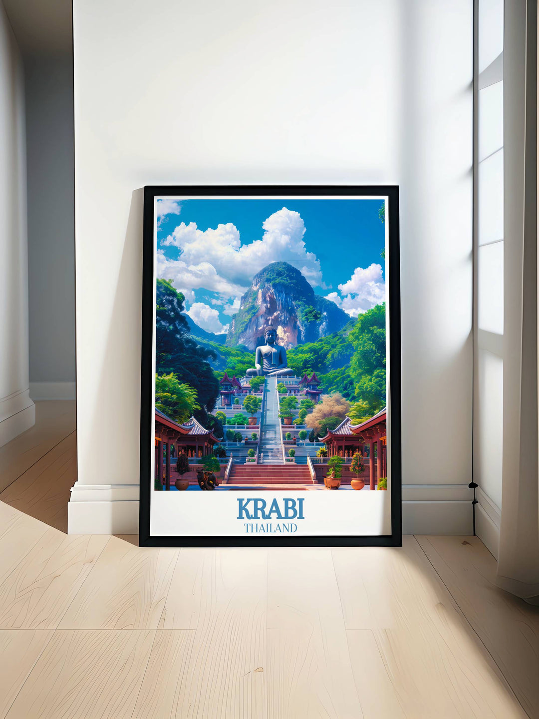 Experience the serene beauty of Krabi Island and the mystique of Tiger Cave Temple with this stunning wall art print featuring lush landscapes and spiritual architecture perfect for enhancing your home decor or giving as a thoughtful Thailand travel gift.