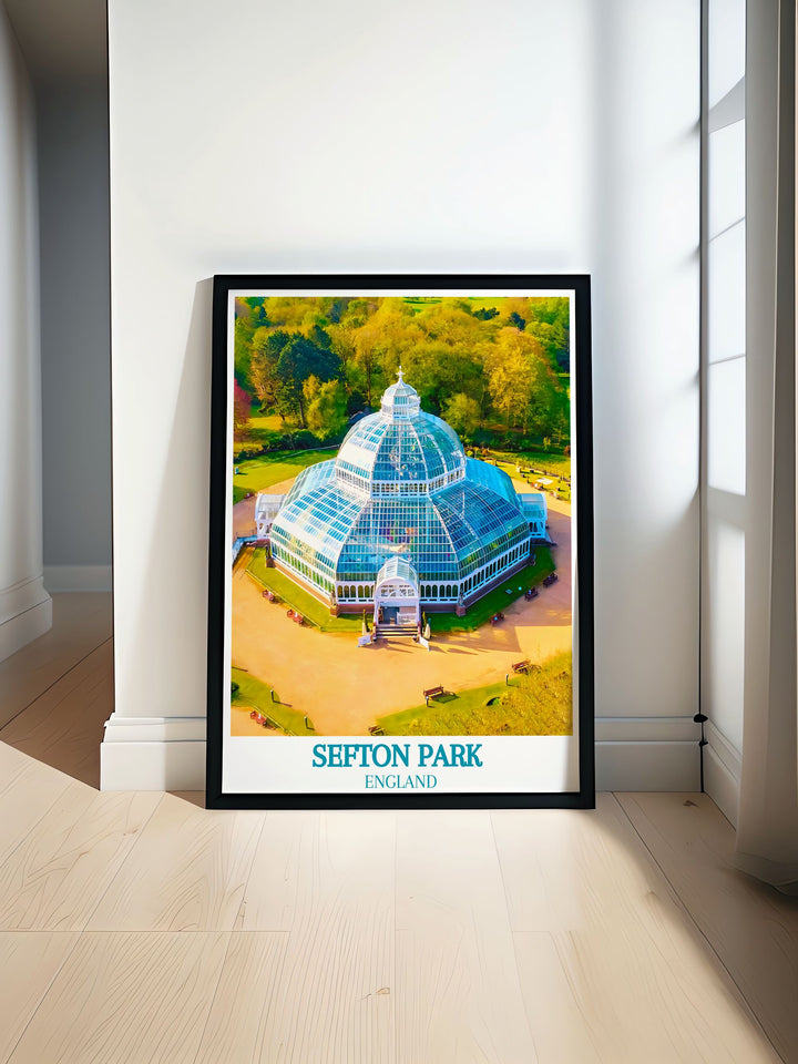 Retro travel poster featuring Liverpools iconic Liver Building and the elegant Palm House. This wall art captures the essence of these landmarks making it a perfect addition to your home decor or as a thoughtful gift for travel and architecture enthusiasts.