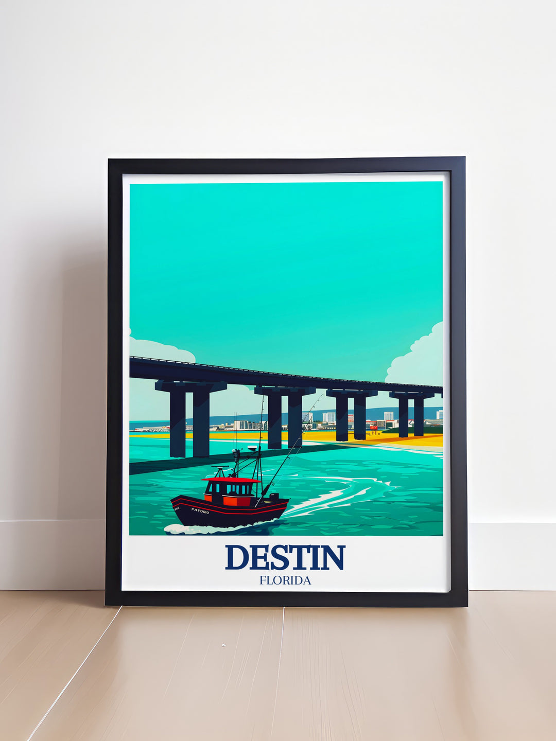 Destin Harbor Bridge art print showcasing the stunning views and vibrant energy of Floridas Emerald Coast. This travel poster is ideal for those who appreciate coastal living, offering a slice of Destins beauty and charm for your home.