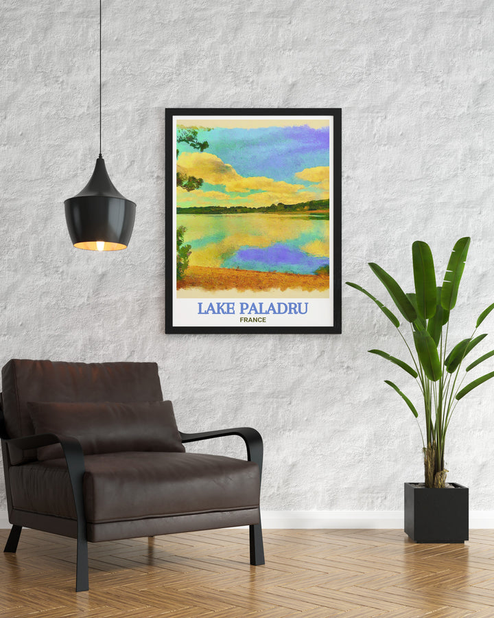 A stunning travel poster featuring Paladru Beach, capturing the quiet charm and natural beauty of this serene location. The print is perfect for beach lovers and those who enjoy the peacefulness of nature.