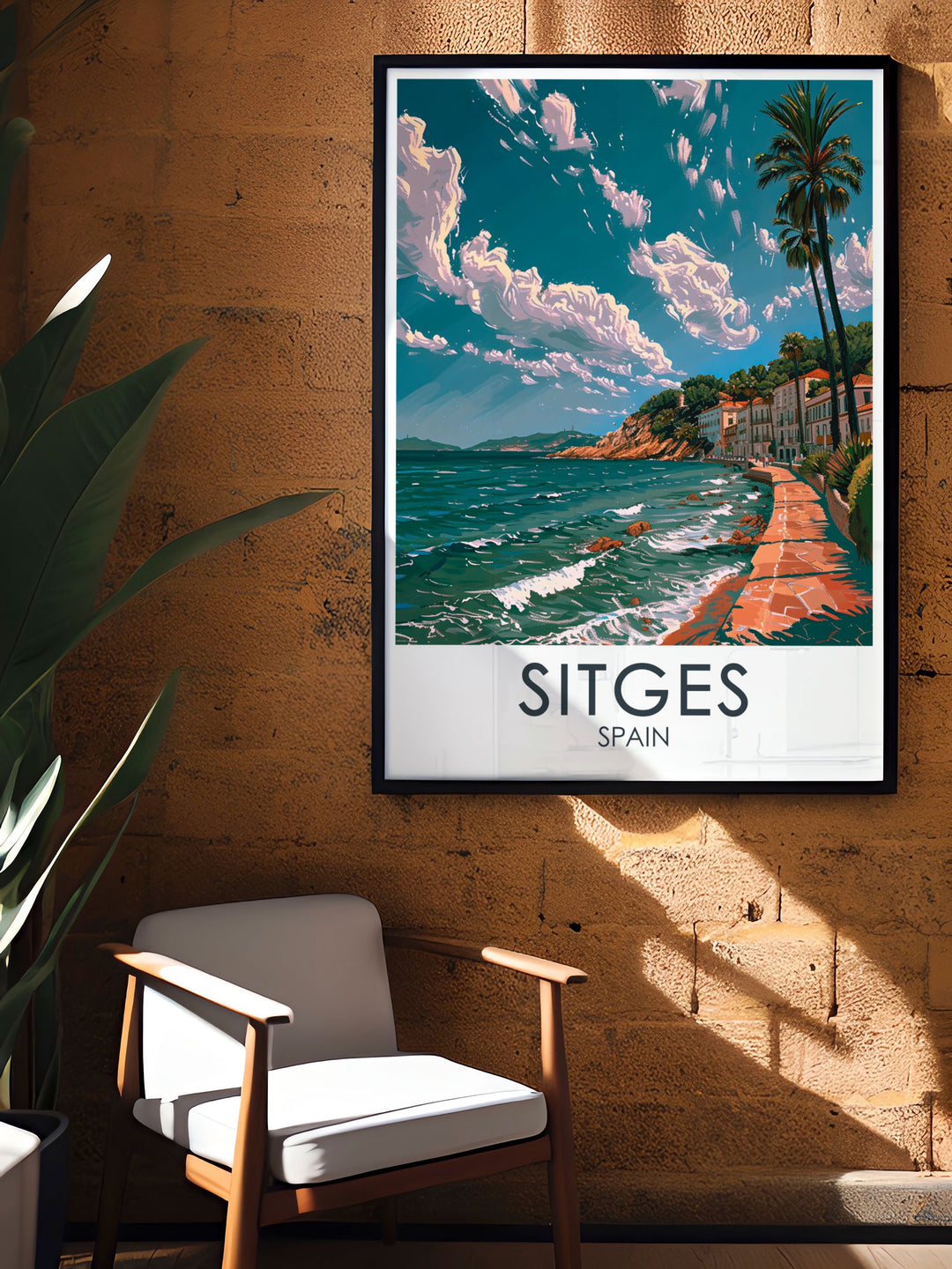 The picturesque Promenade and vibrant streets of Sitges in Spain are beautifully illustrated in this poster, offering a glimpse into its serene and inviting atmosphere, ideal for any coastal art collection.