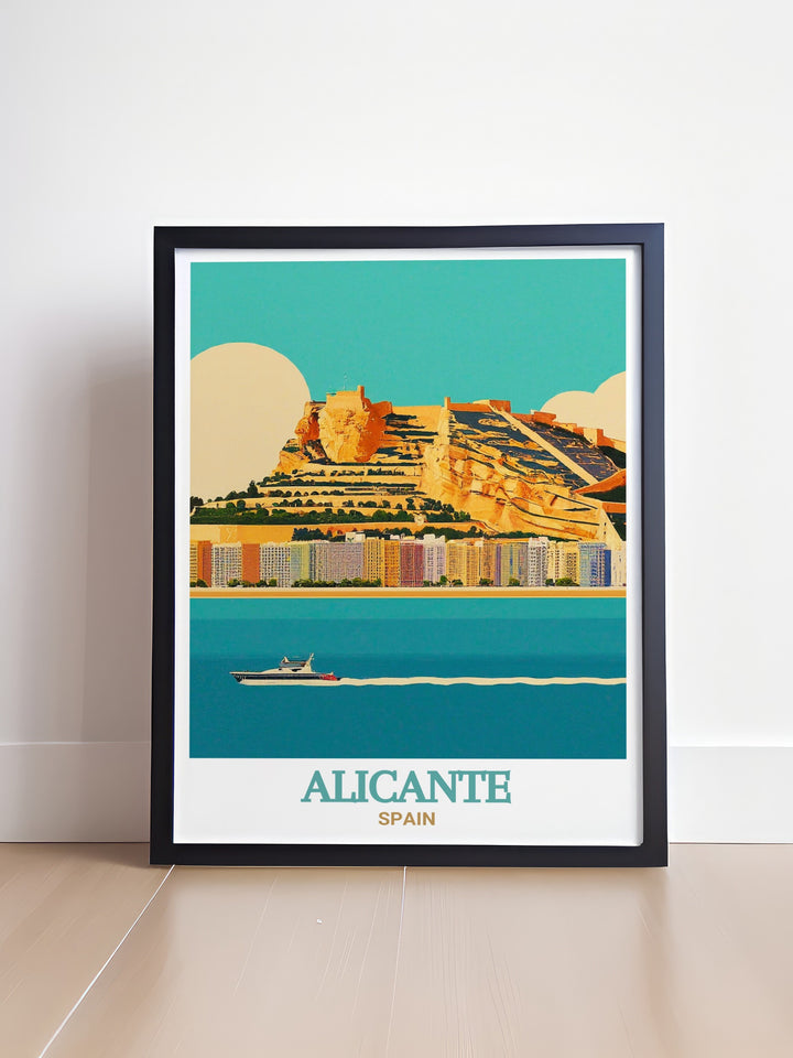 Scenic art print of Castillo de Santa Bárbara, showcasing the fortresss towering presence and stunning surroundings. A perfect addition to any art collection or as a thoughtful gift, this poster embodies Alicantes historical beauty and architectural splendor. Bring the charm of Alicante inside with this stunning piece.