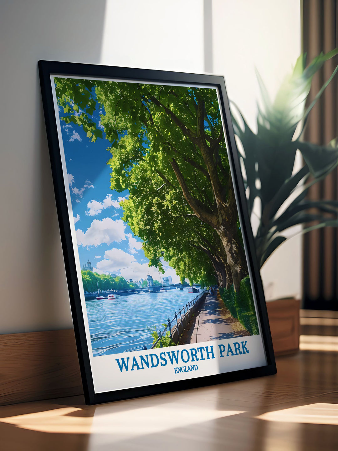 The serene views of Wandsworth Parks riverside walk are depicted in this custom print, showcasing the parks lush landscapes and historical features. Ideal for anyone looking to personalize their space with a piece of Londons green heritage, this artwork offers a unique blend of natural beauty and historical significance.