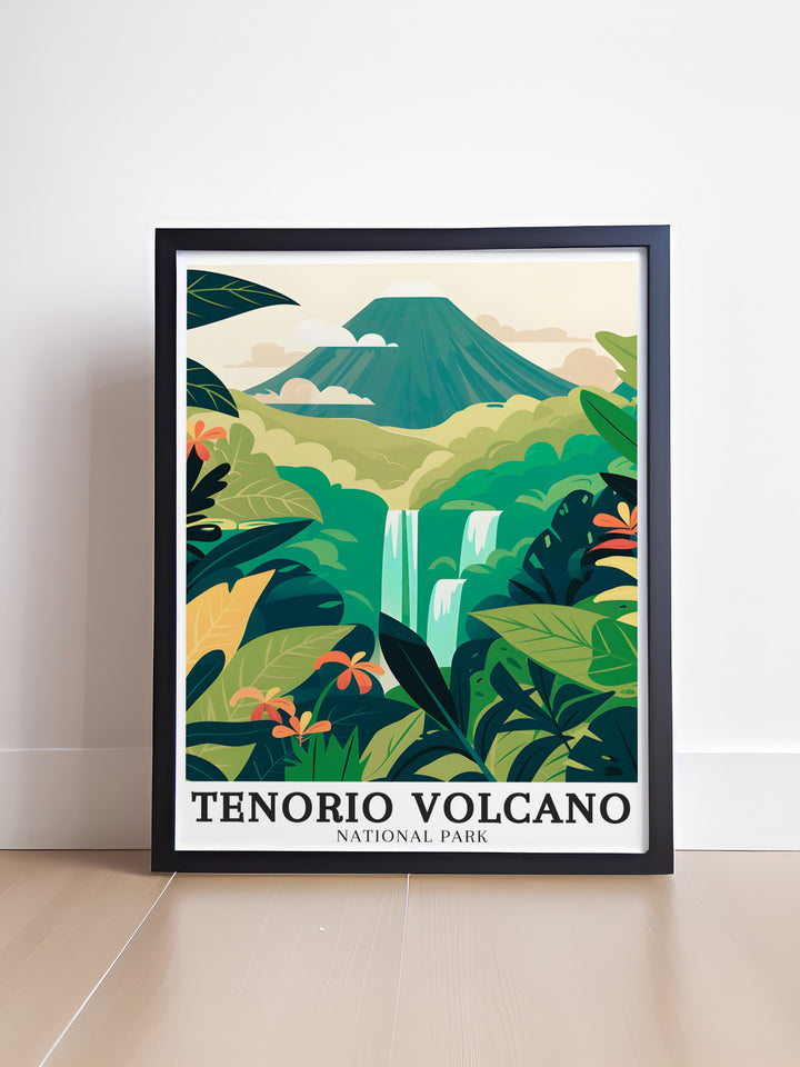 Stunning Rio celeste waterfall artwork featuring the breathtaking Celeste River with its rich colors ideal for stylish home decor and as a special gift celebrating Costa Ricas landscape.