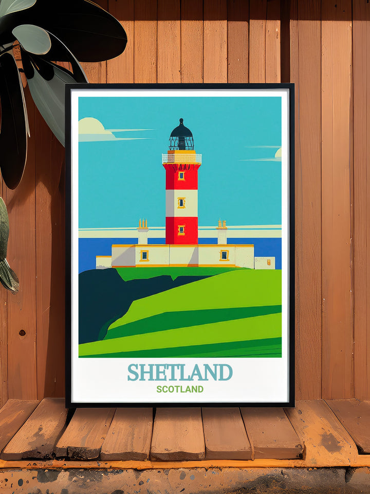 Vintage Poster of Sumburgh Head Lighthouse, emphasizing the historical importance of the lighthouse in guiding sailors through the North Sea. The poster captures the rugged beauty of the Shetland coastline, making it a valuable addition to any collection of Scottish travel art.