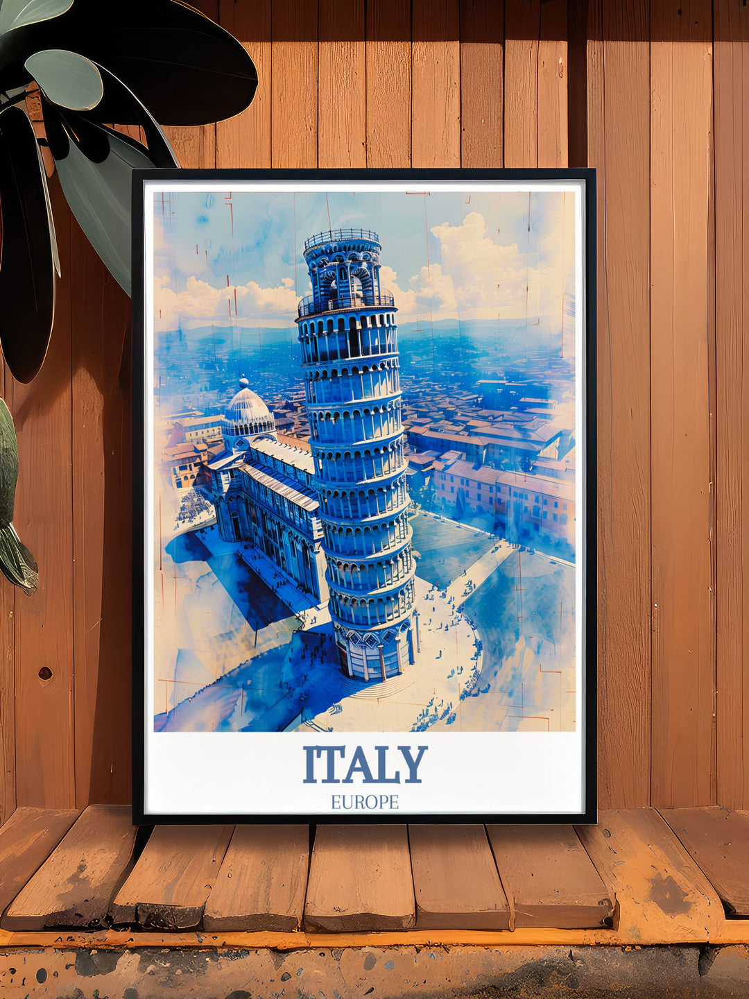 A vibrant canvas art piece that celebrates the beauty of the Leaning Tower of Pisa. This print showcases the tower surrounded by lush greenery and historical architecture, inviting viewers to explore the enchanting atmosphere of Pisa.