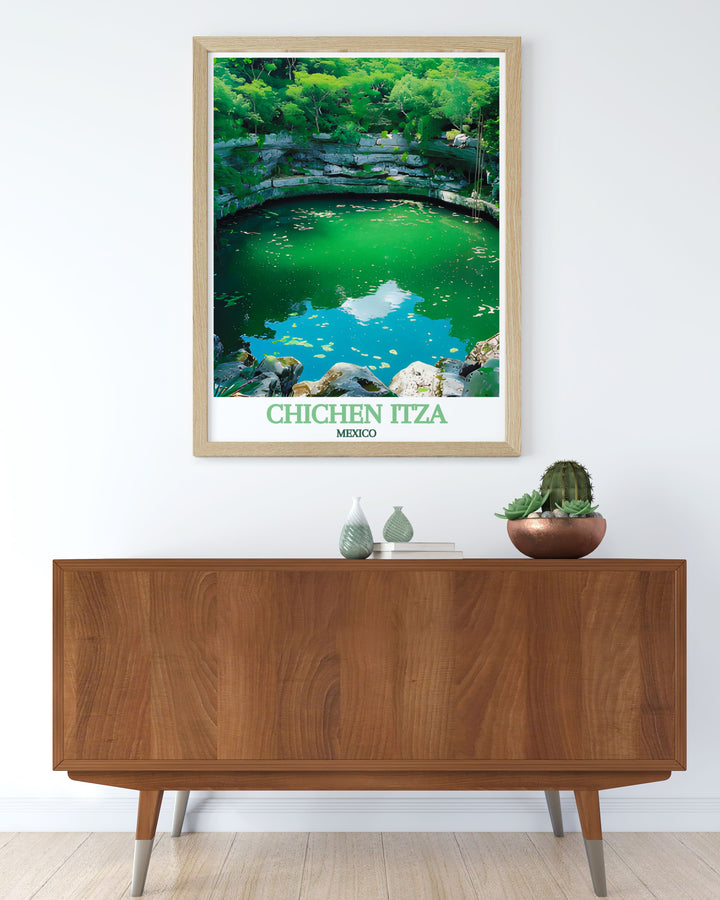 Showcasing the serene and mystical Sacred Cenote, this poster adds a unique touch of Mexicos ancient heritage to your decor. Experience the wonder of Chichen Itza with this art print, highlighting the cenotes natural beauty and cultural significance.
