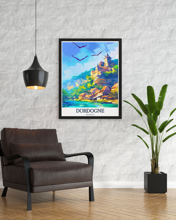 Beautiful Dordogne travel gift with a detailed illustration of Chateau de Beynac and La Roque Gageac perfect for those who love French history and scenic views