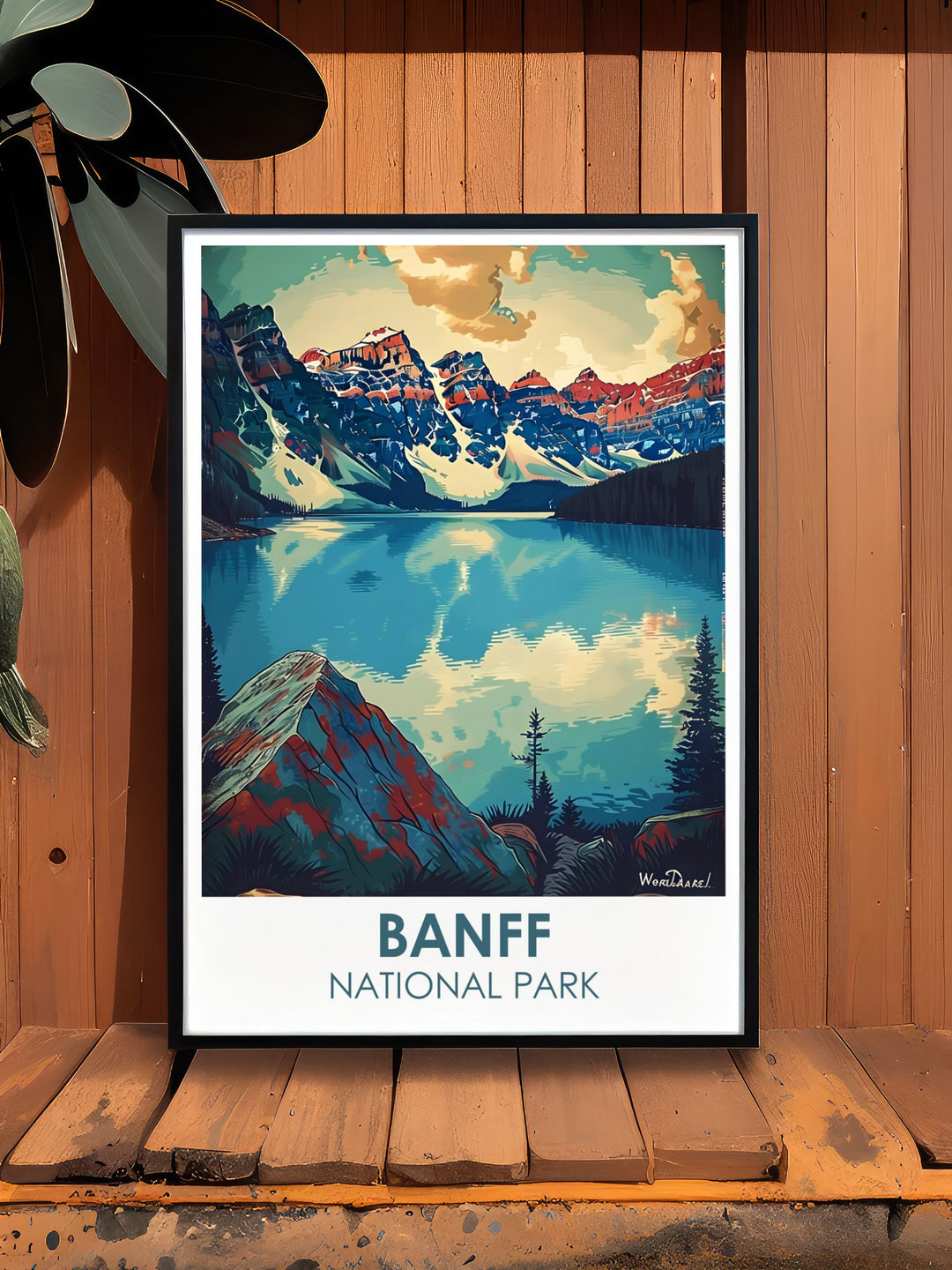 Travel poster of Moraine Lake with kayakers enjoying the calm waters, perfect for adventurers and nature enthusiasts alike.