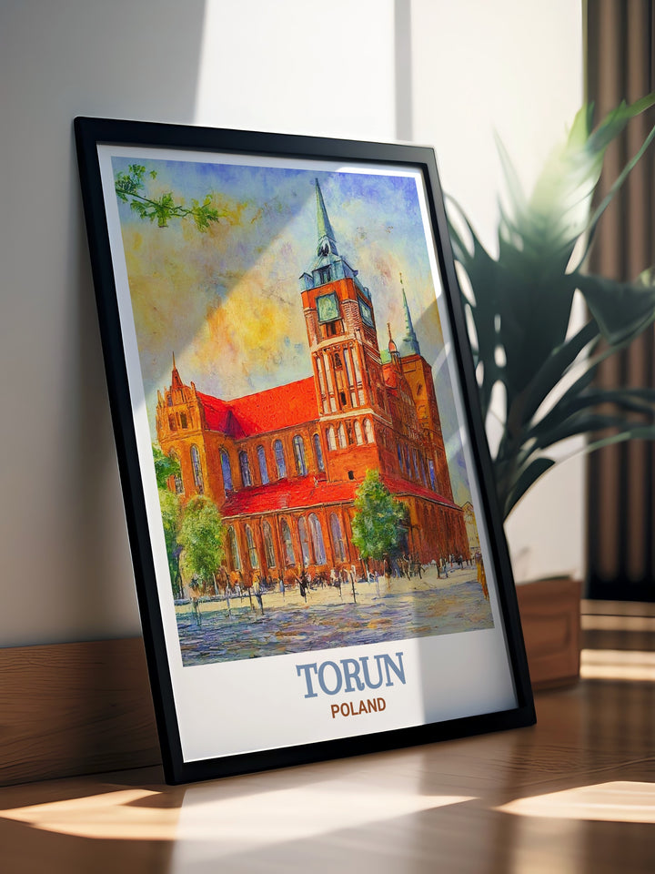 This Torun artwork features the magnificent Toruń Cathedral, a symbol of the citys medieval past. The print captures the cathedrals detailed Gothic design, making it an elegant addition to any home. Ideal for history enthusiasts and those with a connection to Poland.