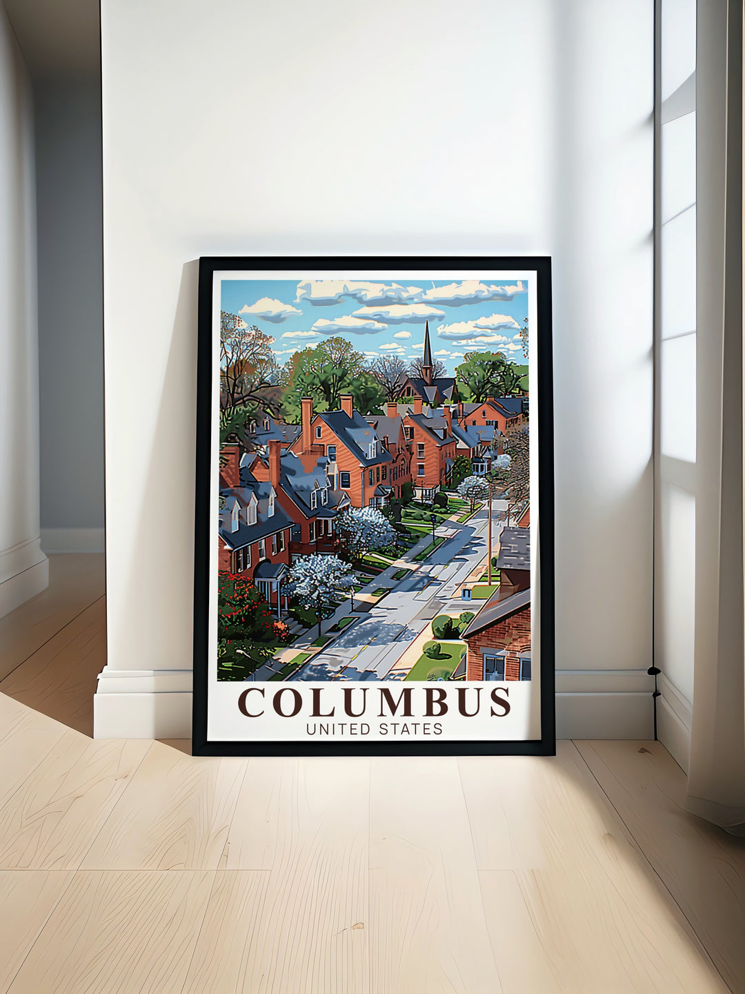 Columbus skyline art print featuring the historic German Village. This vintage inspired Ohio poster makes a great addition to any home decor adding a modern touch. Perfect as a personalized gift for birthdays anniversaries or holidays for those who love Columbus Ohio.