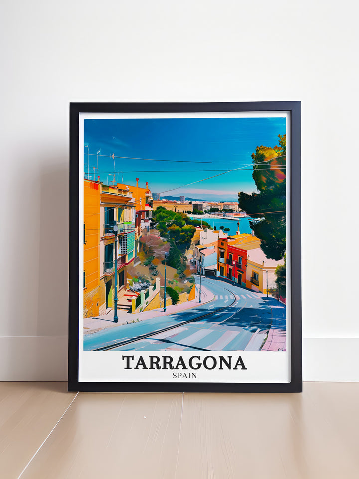 Beautiful Tarragona Poster Print depicting the Old Town and Costa Dorada. Perfect for enhancing your Spain Travel Gift collection with a touch of historical and coastal elegance.