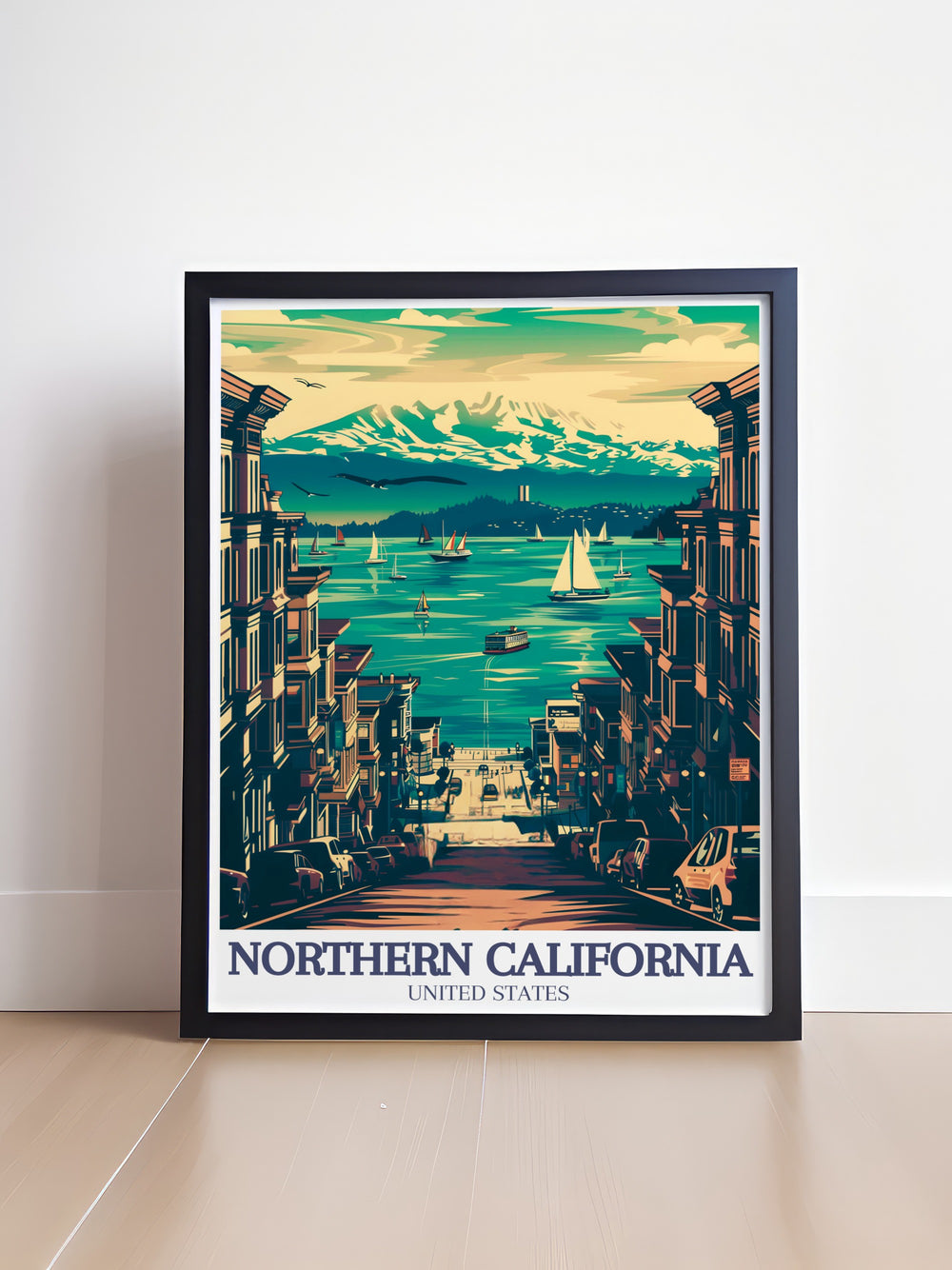 Northern California Art Print showcases the natural beauty of Redwood State Park with its towering sequoias and the serenity of Lake Tahoe. The print also features a glimpse of San Franciscos urban landscape, creating a travel print perfect for those who love both nature and city life.