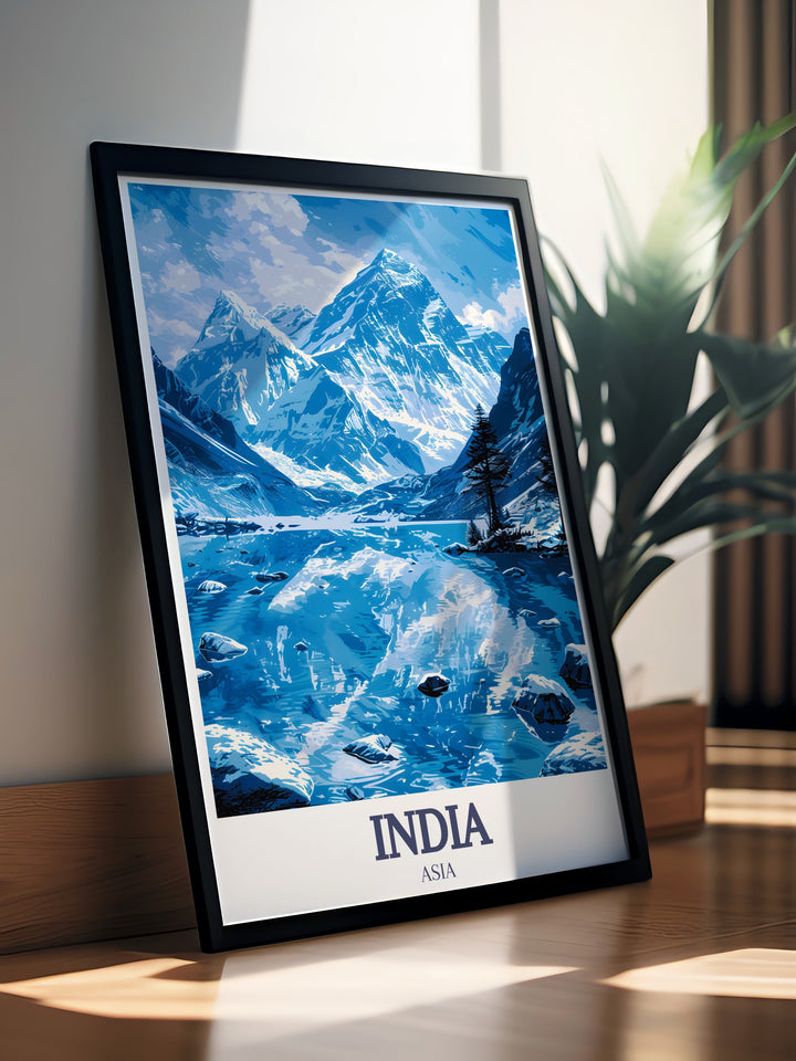 A travel print that combines the elegance of the Taj Mahal with the majestic beauty of the Himalayas and Mount Everest. This vintage poster is an excellent addition to any art collection, capturing the essence of adventure and culture.