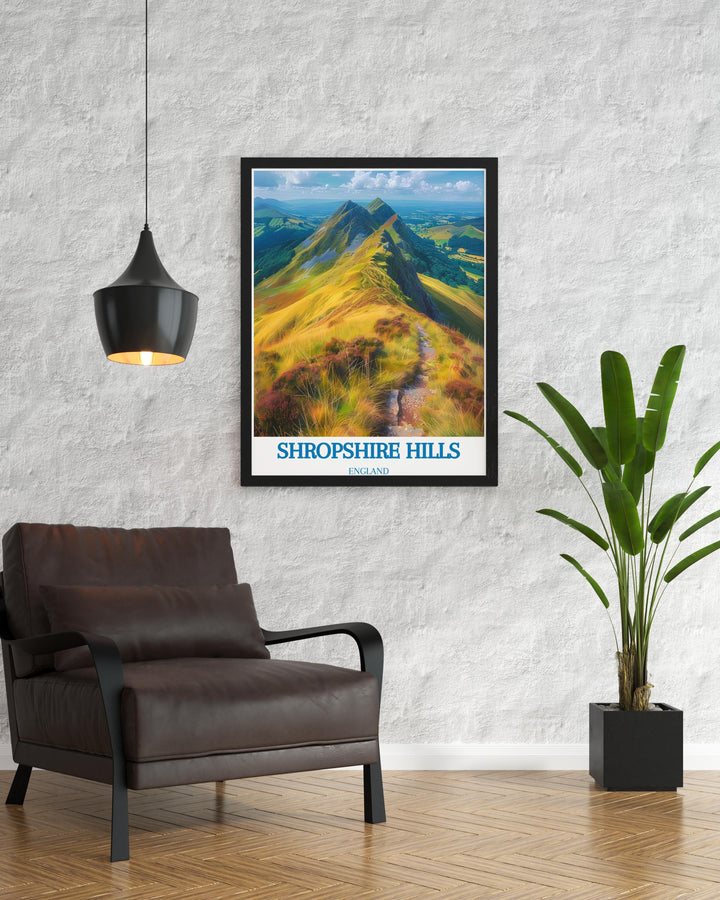 Shropshire Hills Poster with Ludlow Castle Artwork showcases the iconic landscapes and historic sites of the West Midlands AONB perfect for enhancing your living space with a piece of wall art that reflects the beauty and heritage of this English countryside.