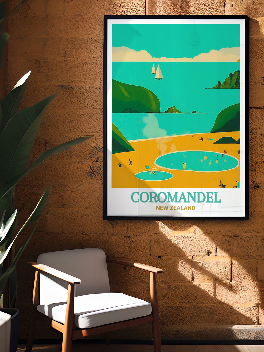 New Zealand wall print featuring Hot Water Beach, showcasing the pristine sands and bubbling hot springs that make this destination a unique travel experience. Perfect for travelers and nature lovers looking to bring a piece of New Zealand into their homes.