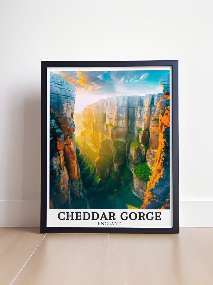 Framed art of Cheddar Gorge and the Mendip Hills, capturing the dramatic scenery and natural beauty of this Somerset gem, ideal for travelers and outdoor enthusiasts alike.