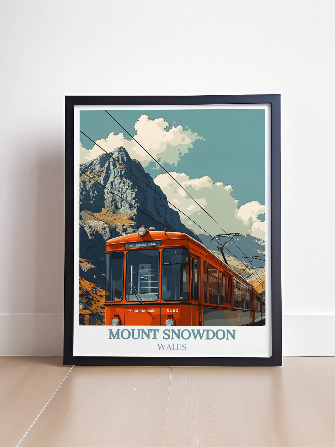 Vintage Travel Print of Snowdonia National Park featuring Snowdon Mountain Railway Station and the iconic landscapes of Wales for elegant home decor