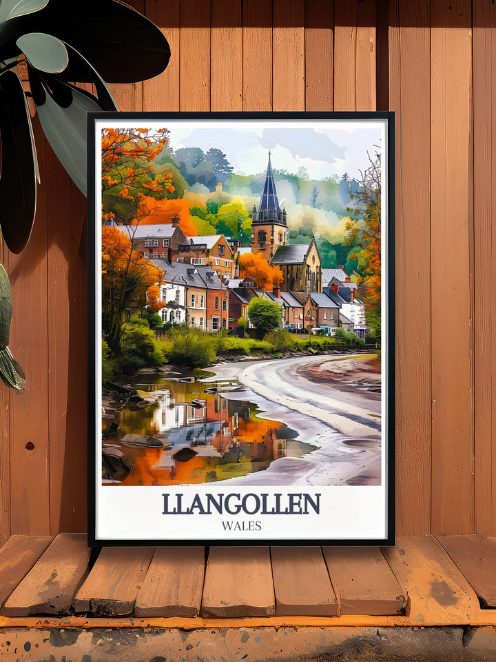 Explore Llangollen through this artwork highlighting River Dee, Llangollen Canal, and Llangollen Methodist Church in vivid detail for home decor.
