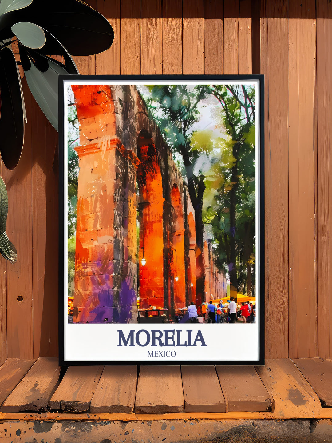 This vibrant Morelia travel poster showcases the historic Morelia Aqueduct and Avenida Acueducto, beautifully blending colonial architecture with colorful, modern art. Perfect for anyone looking to bring the charm of Morelia into their home decor.