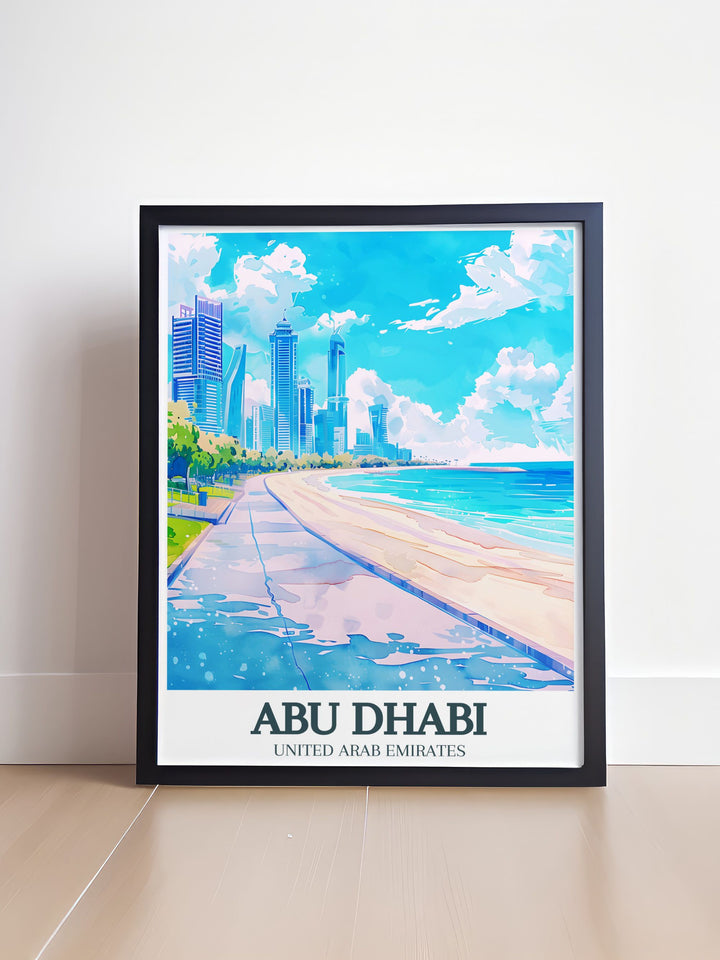 Elegant artwork of Abu Dhabi Corniche and Corniche beach. This travel poster highlights the serene and lively ambiance of the waterfront, making a striking statement in any room. A perfect piece for collectors of Emirates art.