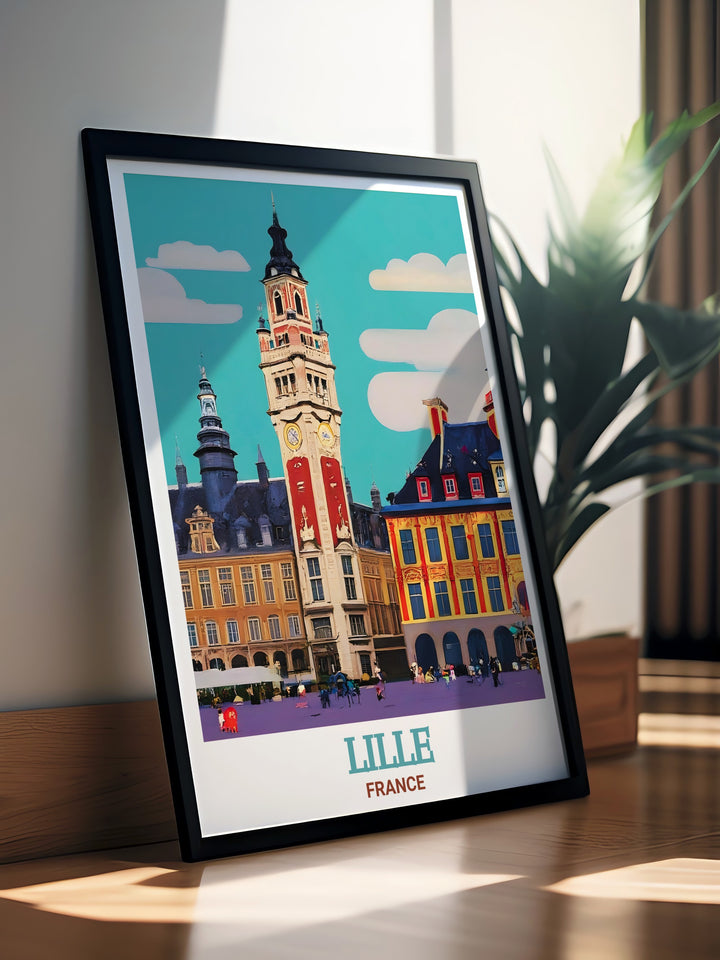 This France travel print features the rich architectural beauty of Lille and its renowned Grand Place. The artwork brings to life the textures and details of this bustling city square, making it a perfect piece for art lovers who appreciate French history and culture.