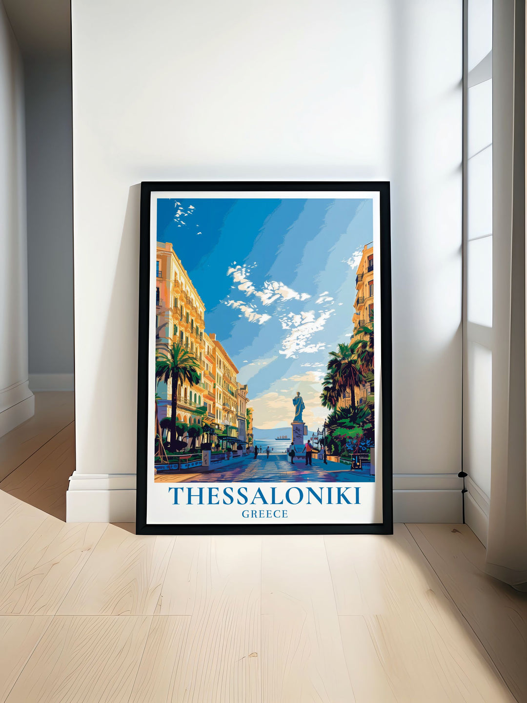 This Greece travel print highlights Thessalonikis famous Aristotelous Square, offering a glimpse into the citys architectural and cultural heritage. The posters vibrant design makes it an ideal gift for Greece lovers.