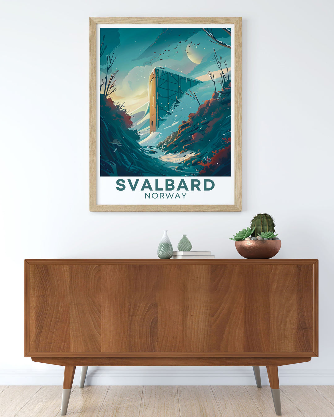 Breathtaking Svalbard Global Seed Vault painting showcasing the futuristic design of the Seed Vault. This travel poster print is perfect for home decor and makes an excellent gift for any occasion.