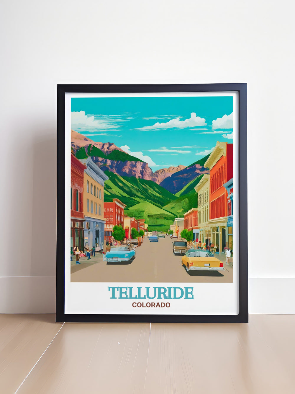 A colorful representation of Telluride Historic District, this art print brings the unique charm of Colorados historic town into your home. Ideal for those who appreciate fine details and vibrant landscapes, this poster is a perfect gift or décor choice.