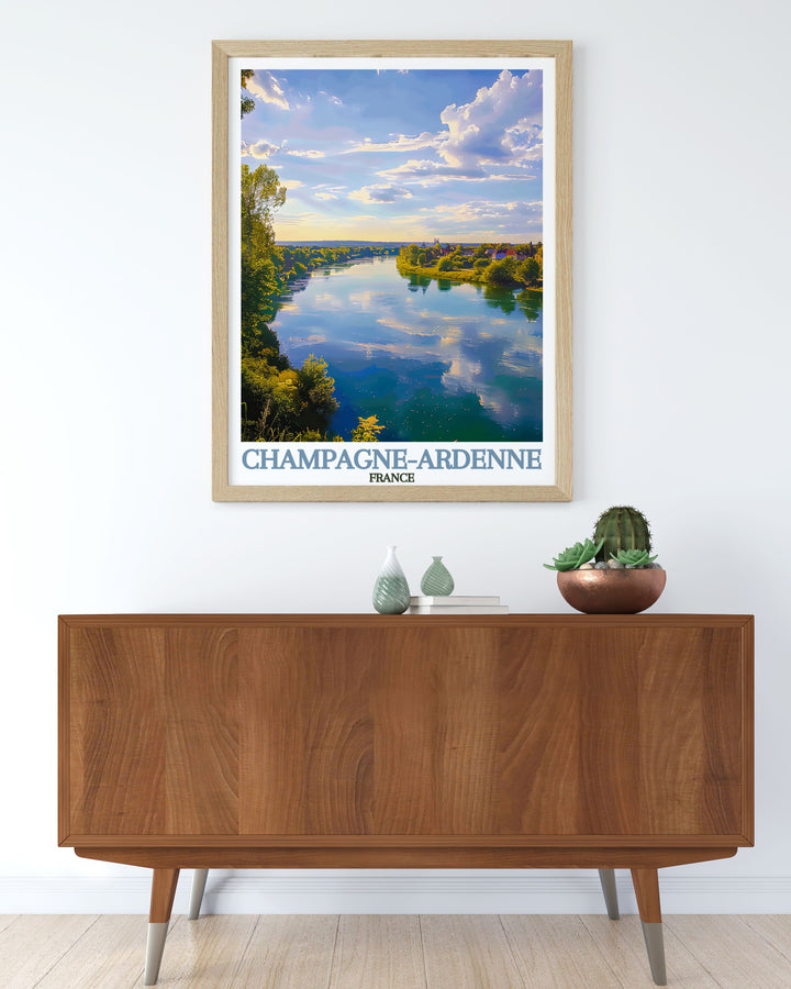 France travel print featuring the picturesque Marne River and its charming surroundings. This modern art piece is ideal for adding a touch of French elegance to your home, making it a great gift for any occasion.