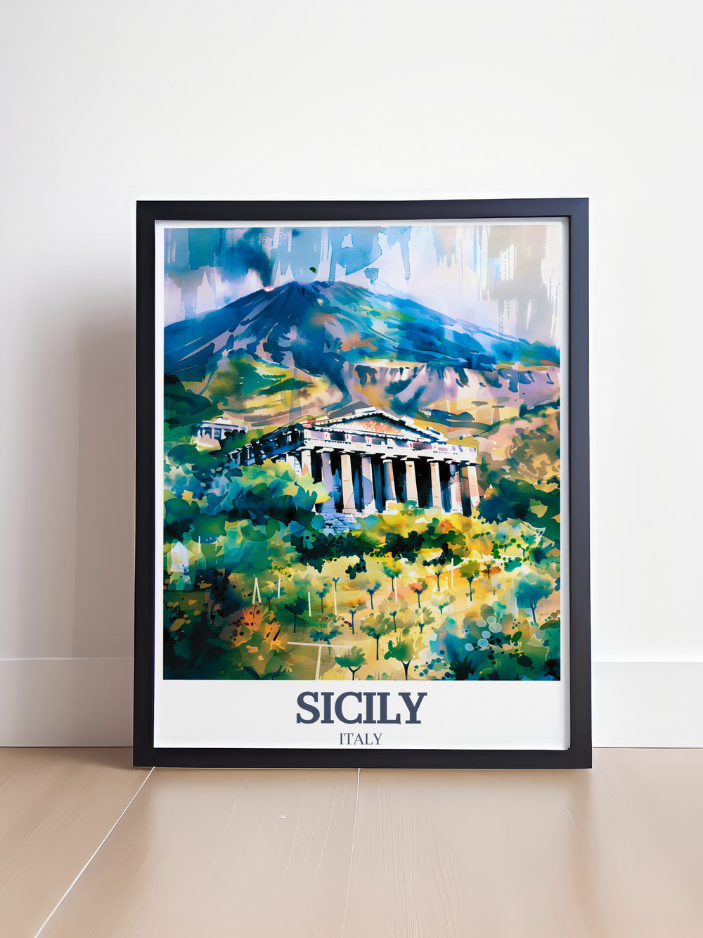 Celebrate the historical grandeur of Sicily with this art print featuring the Valley of the Temples and Mount Etna. The rich colors and precise lines of this poster make it an ideal choice for anyone looking to enhance their space with Mediterranean beauty.