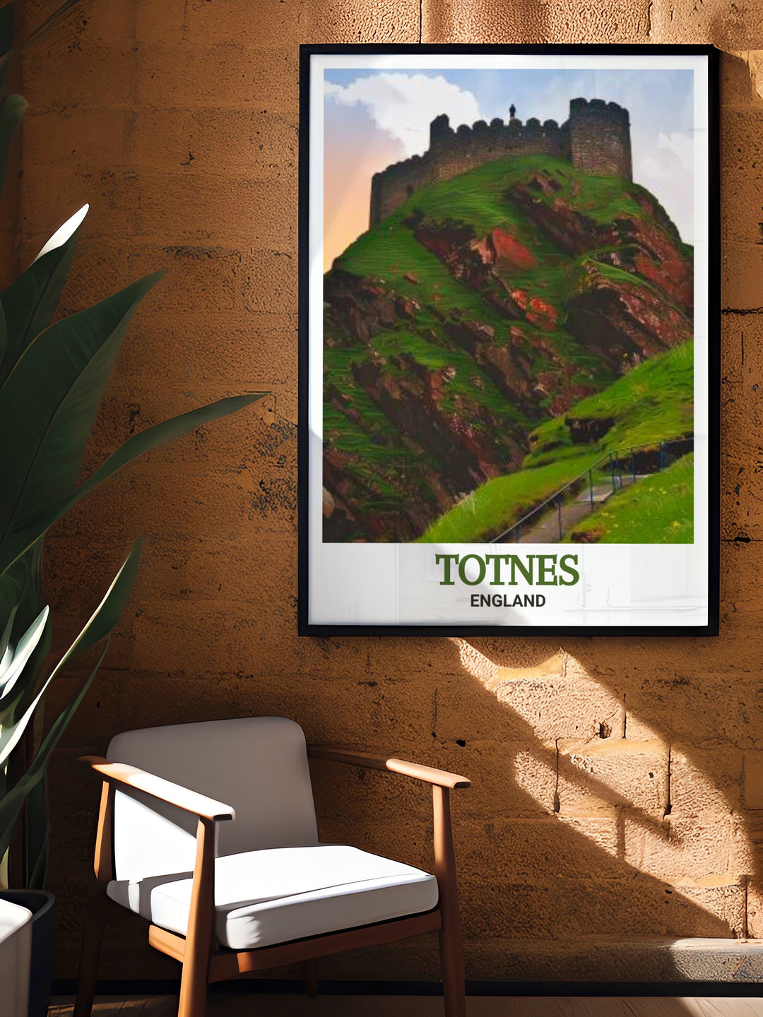 Totnes Castle travel poster showcasing the historic Norman motte and bailey structure in England. This detailed print captures the architectural beauty and panoramic views of Totnes Castle, perfect for adding a touch of English history to your home decor.