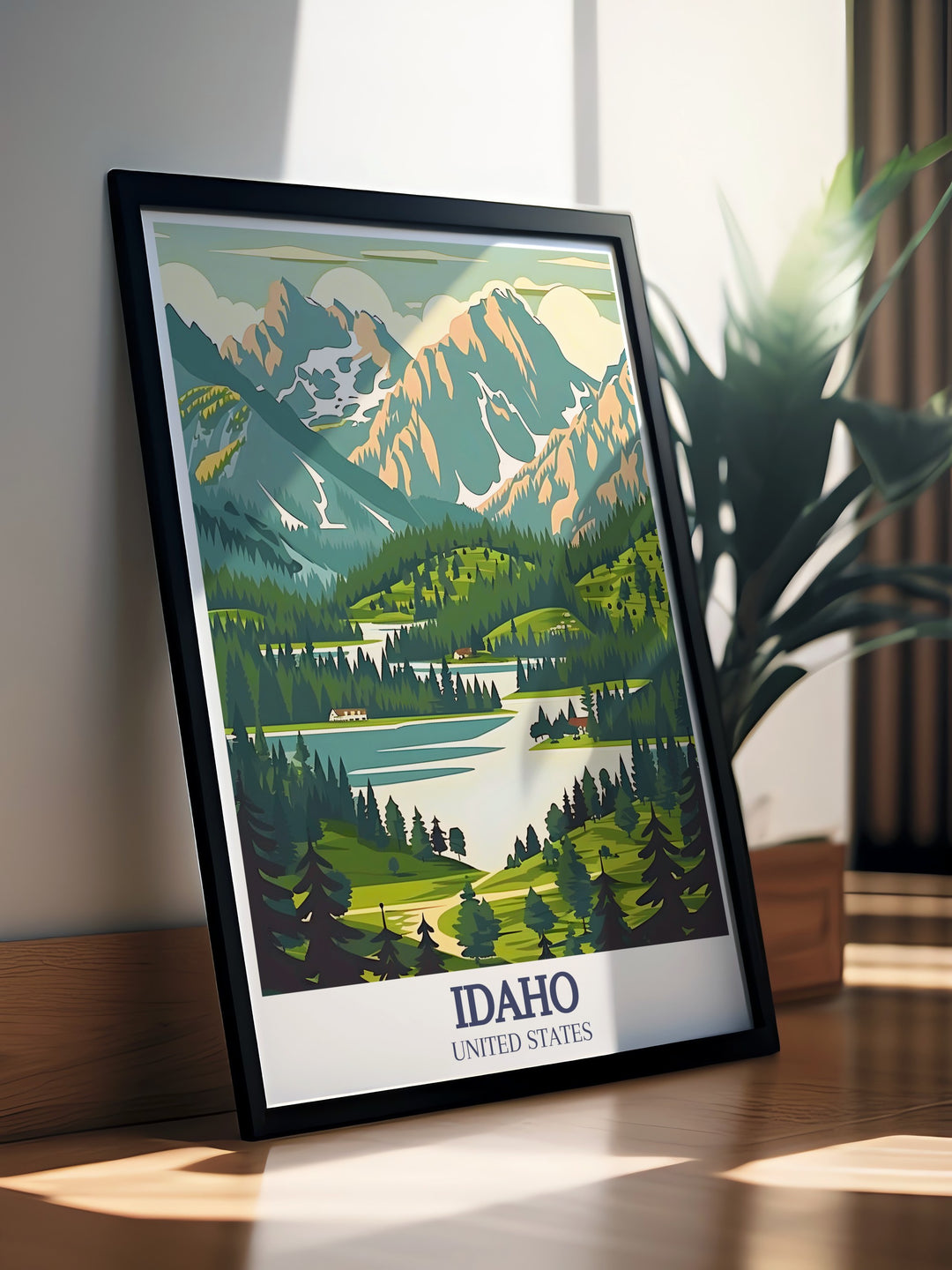 A detailed travel print of Idaho, highlighting the scenic landscapes of the Sawtooth National Recreation Area and Hells Canyon. The vivid artwork makes a perfect gift for outdoor enthusiasts and those who love exploring the beauty of the American West.