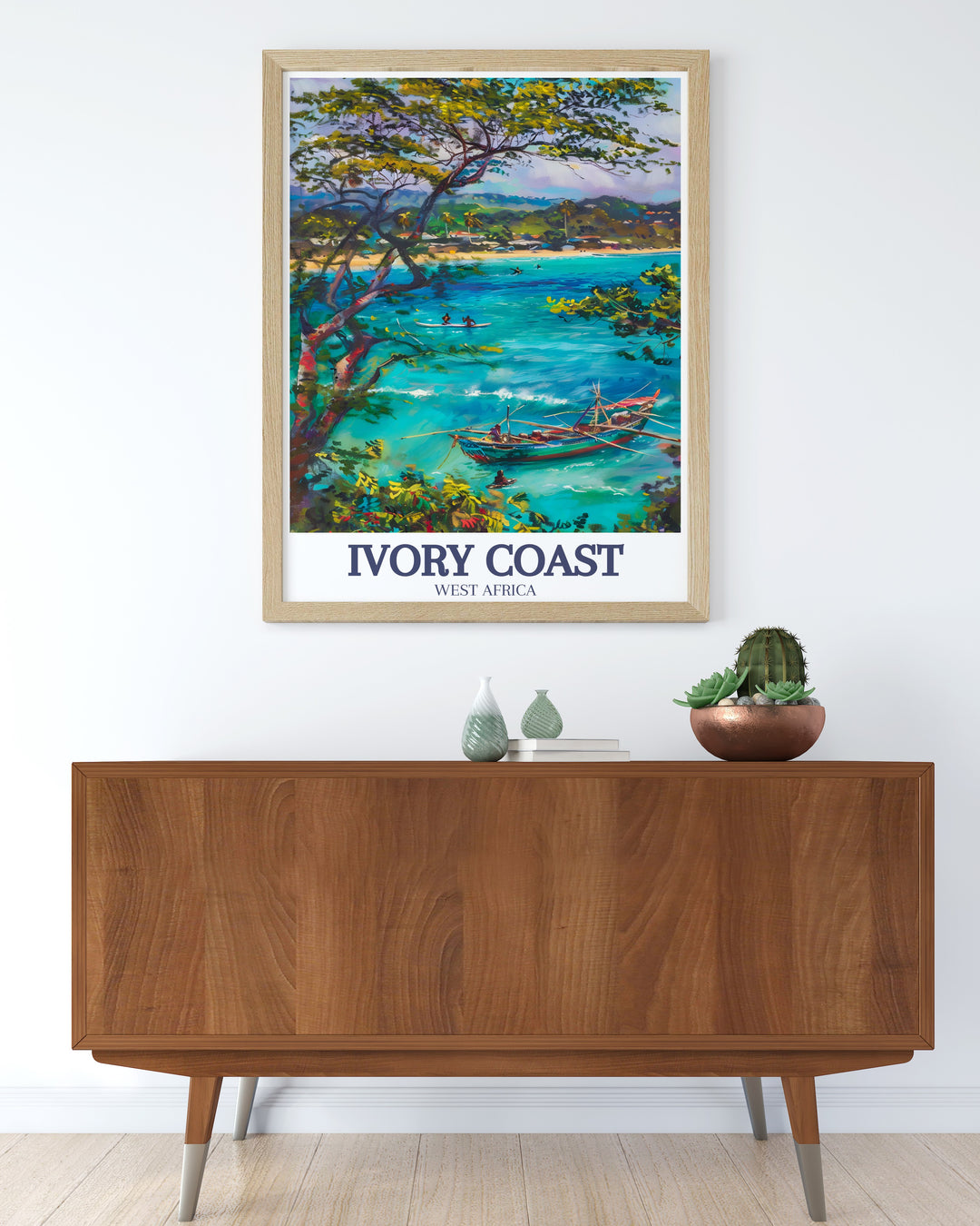 Capture the essence of Ivory Coast with this travel print featuring Assinie Mafia Lagoon and Grand Bassam Beach. This poster offers a tranquil representation of Ivory Coasts natural beauty, making it a perfect addition to any home or office.