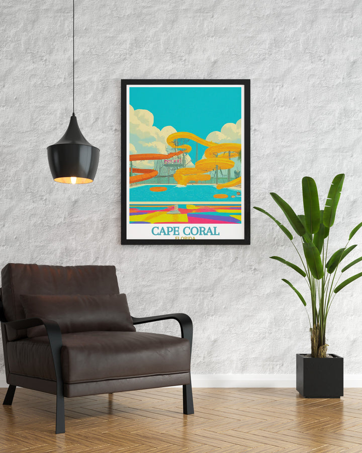 Stunning Cape Coral Wall Art depicting Sun Splash Family Waterpark brings a touch of Floridas lively spirit to your home decor detailed artwork perfect for those who cherish fun filled family moments and love adventure.