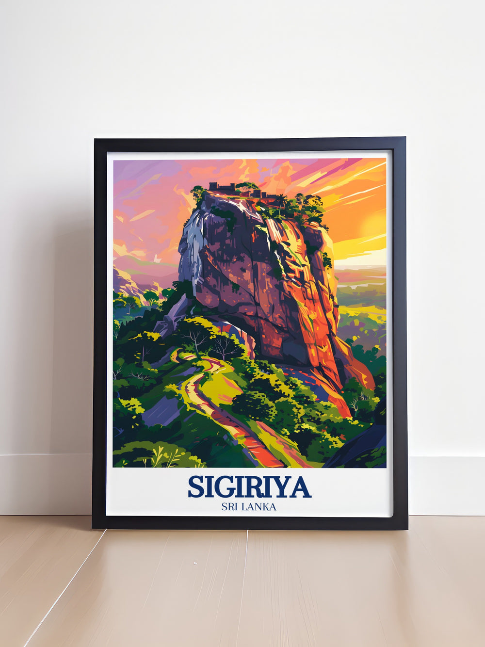 Vintage poster of Sigiriya, capturing the timeless beauty of Lions Rock with its ancient ruins and lush environment. This print is perfect for those who love travel inspired art that tells a story, adding a touch of Sri Lankas heritage to any room.