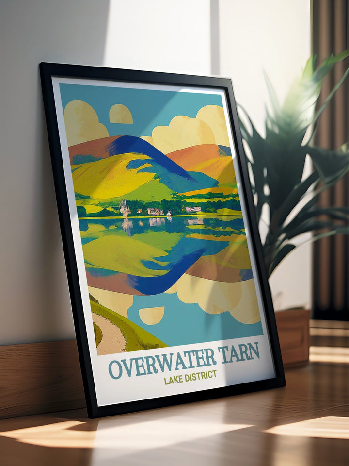 Cumbria landscape art featuring Overwater Tarn and Bassenthwaite Lake. This scenic print captures the essence of the Lake Districts stunning views, providing a visual escape to one of Englands most beautiful locations. Great for enhancing your home decor.