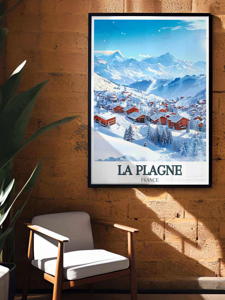 Aime La Plagne Paradiski Ski Area is beautifully portrayed in this La Plagne Print. Perfect for anyone who adores Frances ski culture this artwork offers a vibrant and contemporary feel ideal for living room or office decor.