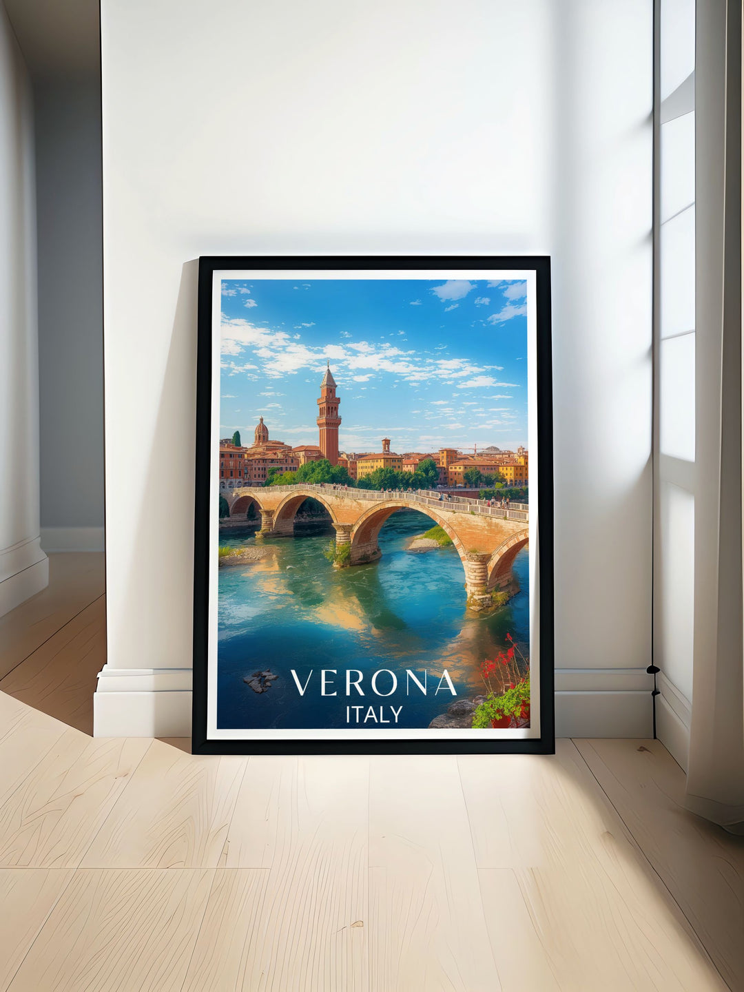 Stunning view of Ponte Pietra in Verona Italy captured in a beautiful Italy travel print perfect for home decor or as a unique Verona gift showcasing the historic charm and beauty of this ancient Roman bridge and its surroundings.