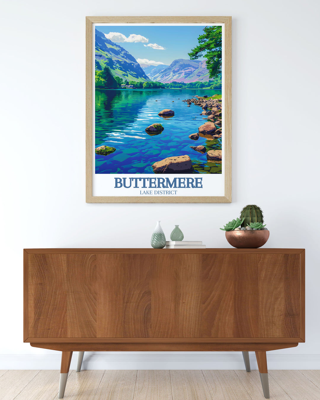 Buttermere Lakes scenic views and the panoramic vistas of Haystacks are illustrated in this travel poster, offering a perfect blend of natural beauty and tranquil charm.