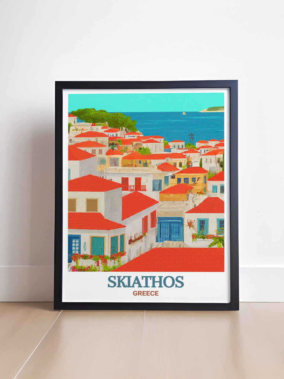 Travel art print of Skiathos Town in Greece. Featuring the lively harbor and charming alleyways, this poster brings the essence of Greek island life to your walls. Ideal for travel enthusiasts and fans of Mediterranean beauty.