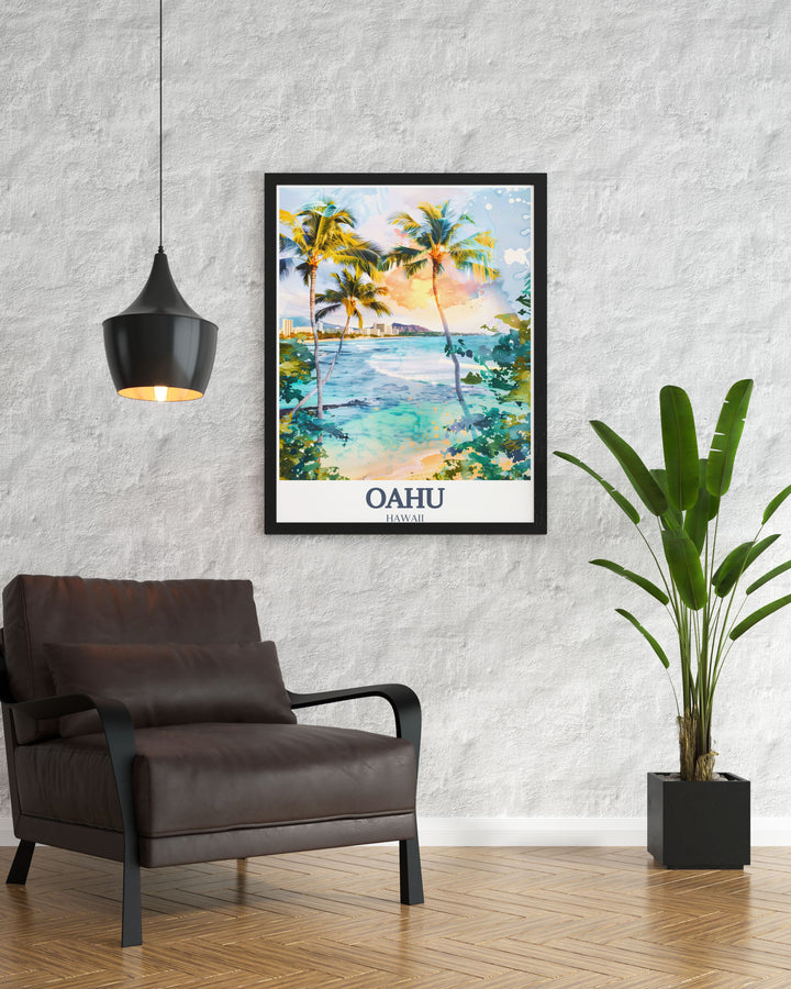 A beautiful Oahu travel print showcasing the iconic Diamond Head and Waikiki Beach. Add a touch of tropical charm to your space with this vibrant Hawaii wall art, ideal for home décor or as a unique travel gift.