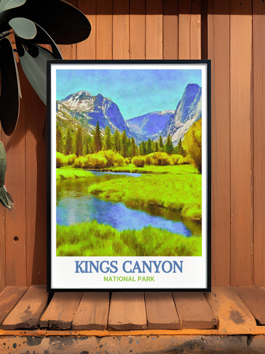 Kings Canyon National Park poster print featuring the serene Zumwalt Meadow surrounded by lush greenery and towering granite cliffs. This travel print captures the peacefulness of this iconic meadow and is perfect for those who want to bring the beauty of nature into their home decor.