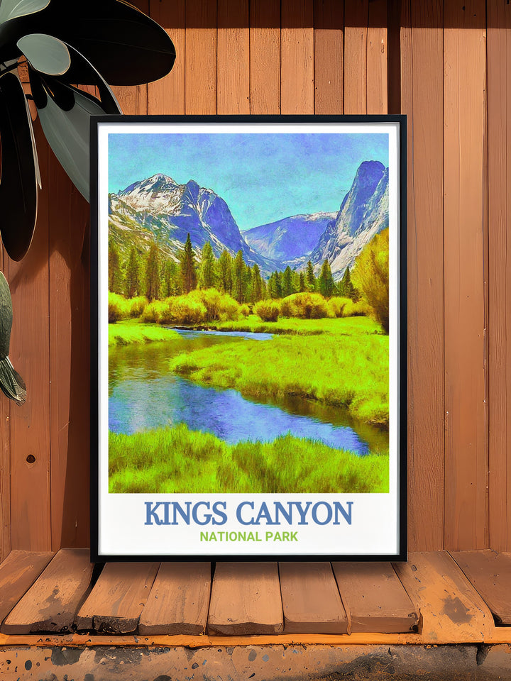 Kings Canyon National Park poster print featuring the serene Zumwalt Meadow surrounded by lush greenery and towering granite cliffs. This travel print captures the peacefulness of this iconic meadow and is perfect for those who want to bring the beauty of nature into their home decor.