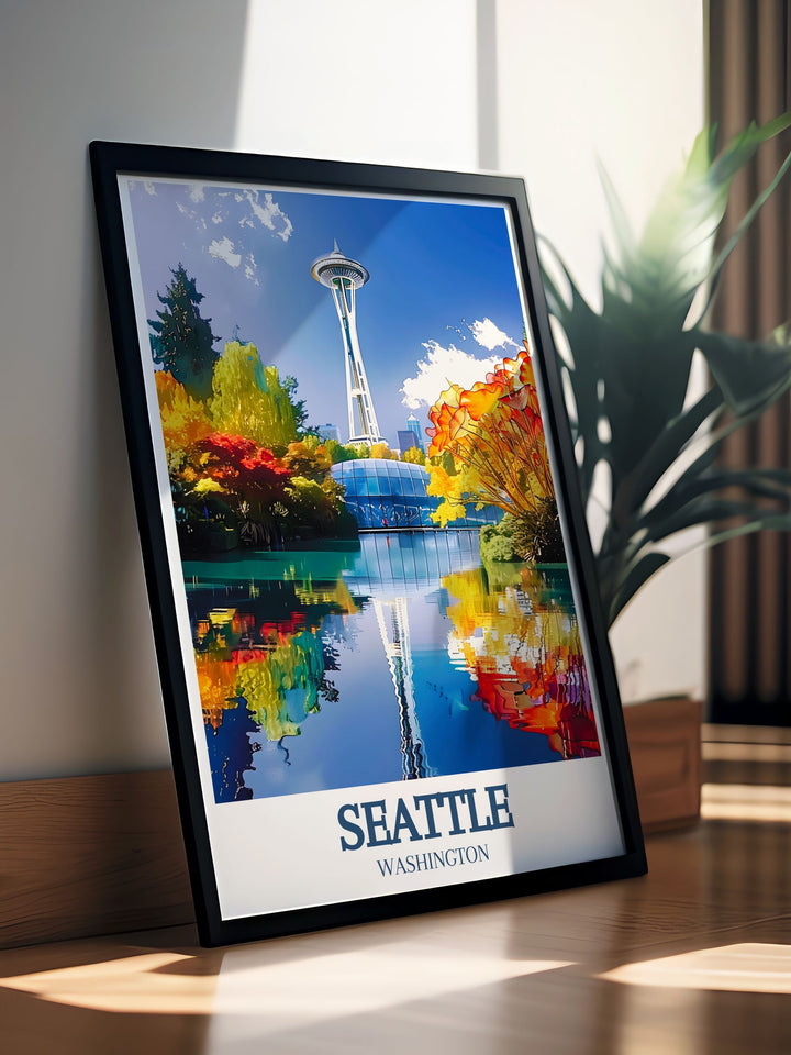 The Space Needle is beautifully illustrated in this poster, showcasing its architectural brilliance and iconic status in Seattle, making it an excellent addition to any art enthusiasts collection.