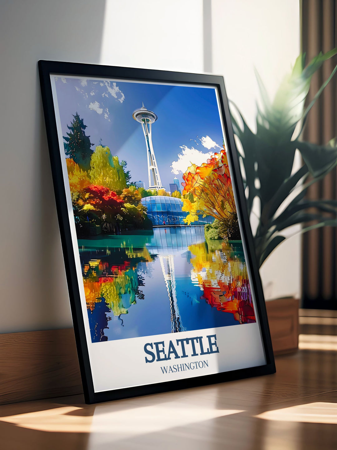 Elevate your décor with this Seattle Art Print, showcasing the Space Needle and the brilliant glass sculptures of Chihuly Garden. Perfect for travelers or locals, this piece brings the essence of Seattle into your home.