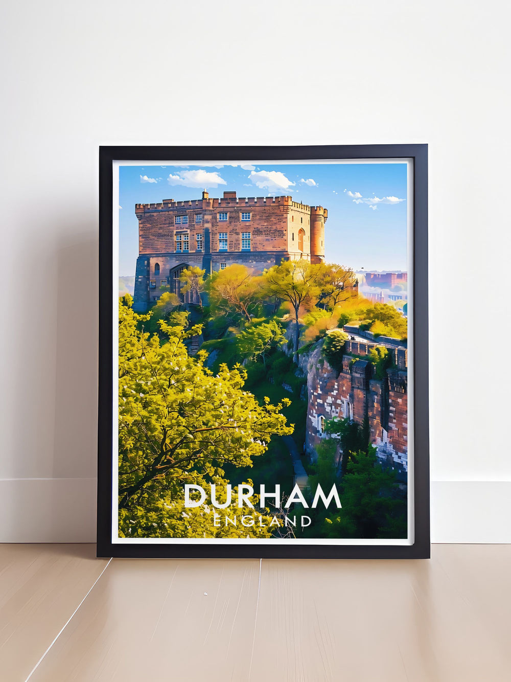 The serene River Wear and the imposing Durham Castle are beautifully illustrated in this poster, highlighting the citys rich history and natural beauty, perfect for your home decor.
