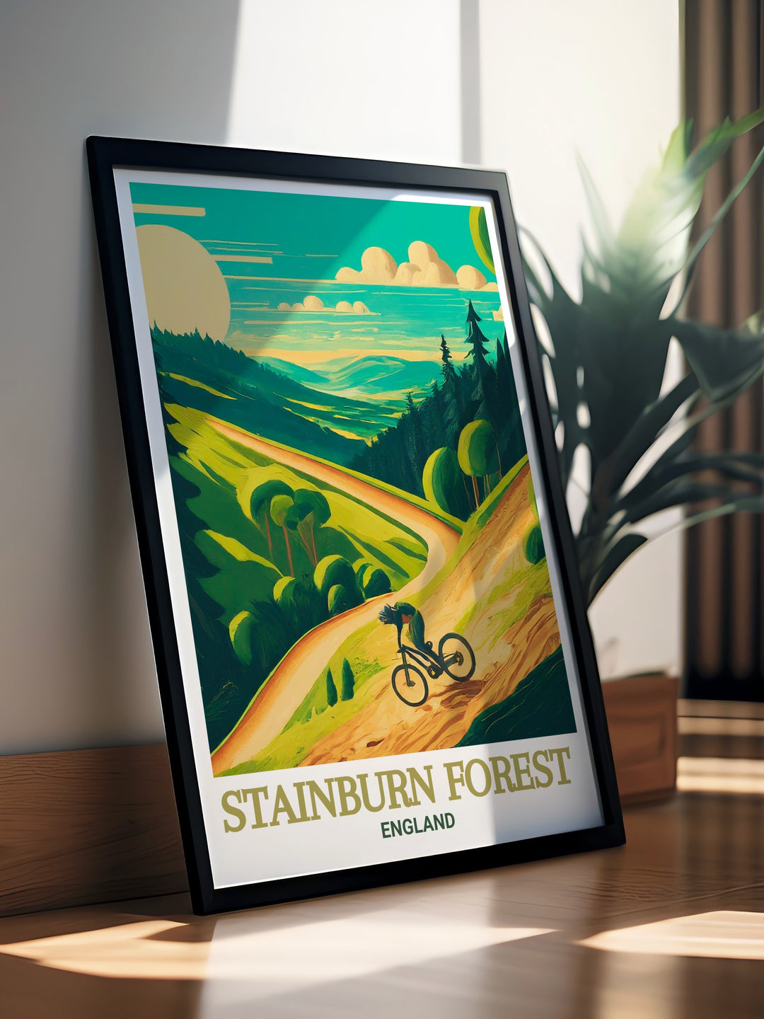 Capture the beauty of Yorkshires Stainburn Forest Mountain Bike Trails with this cycling wall art print. A great addition to any living space for mountain biking enthusiasts who love exploring the trails and rugged terrain of Stainburn Forest in the UK.