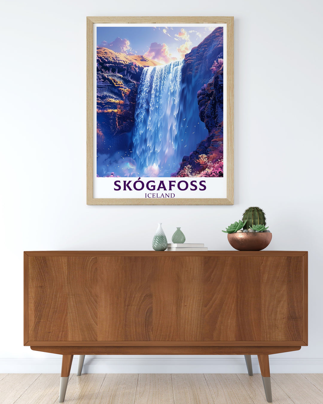 Skogafoss Waterfall Poster showcasing the breathtaking view of one of Icelands most famous waterfalls with its cascading water and dramatic backdrop ideal for fans of Iceland Travel Prints and National Park Posters adding a touch of adventure and elegance to your home as Waterfall Artwork and Framed Print